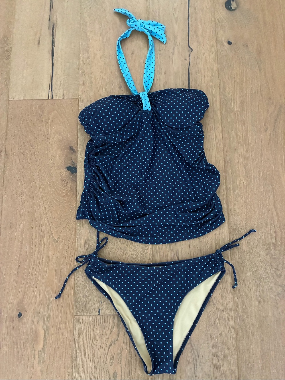 Classic Navy Polka Dot Maternity Tankini Bikini with Light Blue Trim